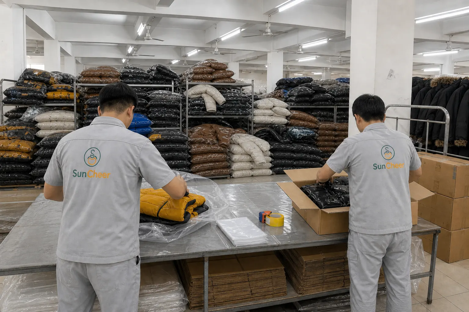 SunCheer staff packing finished puffer jackets for export