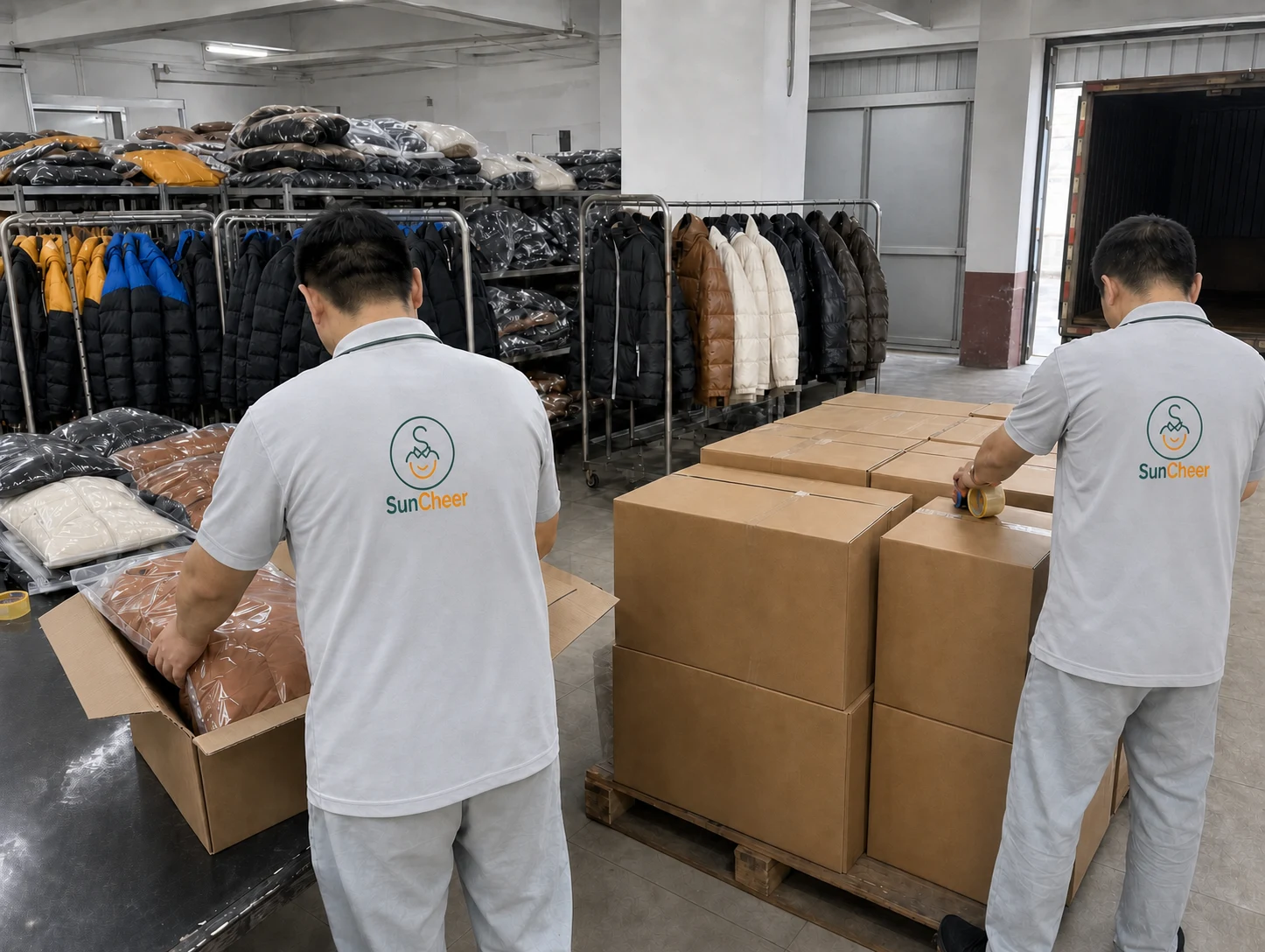 SunCheer team packing finished puffer jackets into export cartons