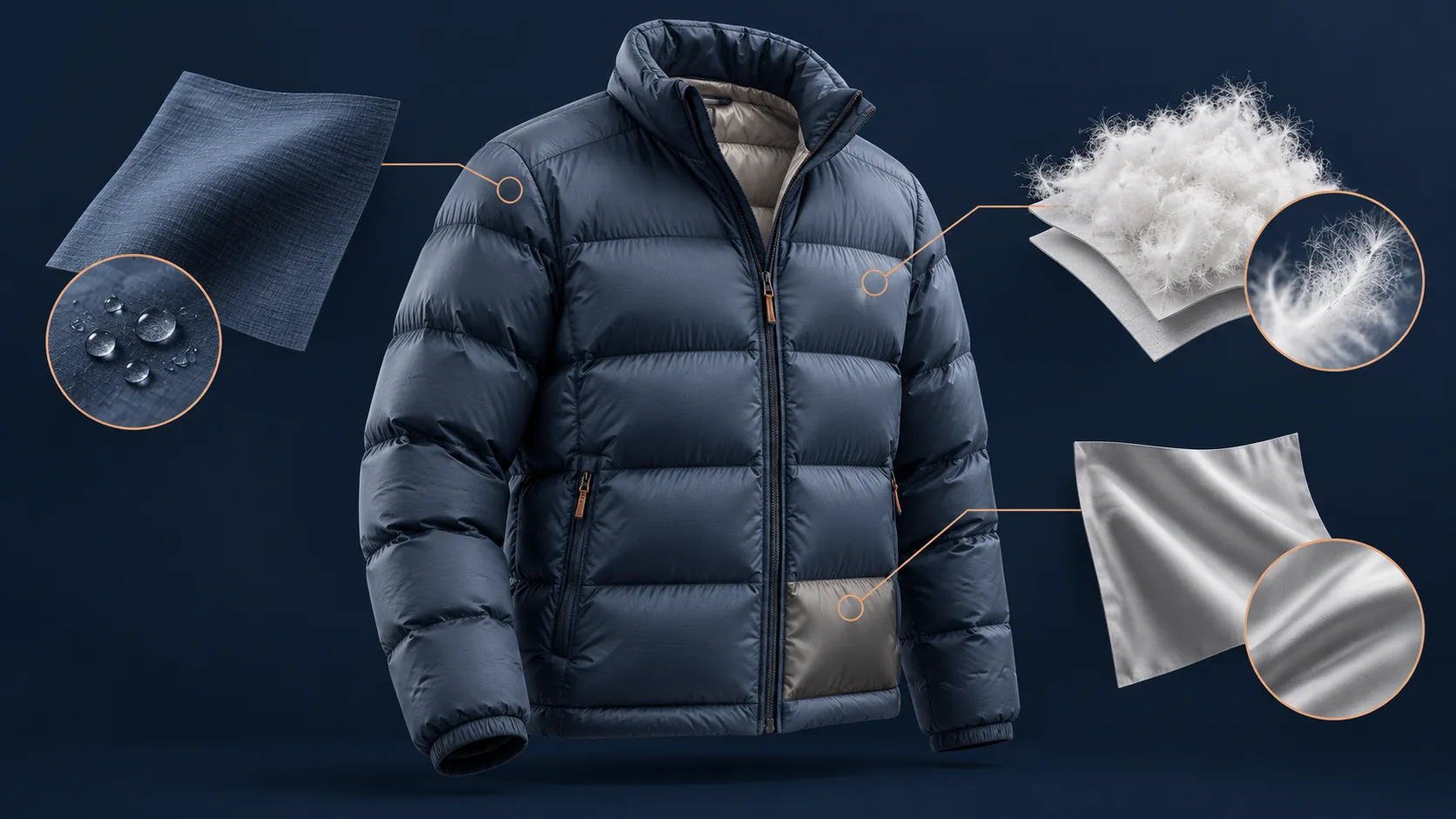 Illustrated puffer jacket with shell, insulation and lining materials