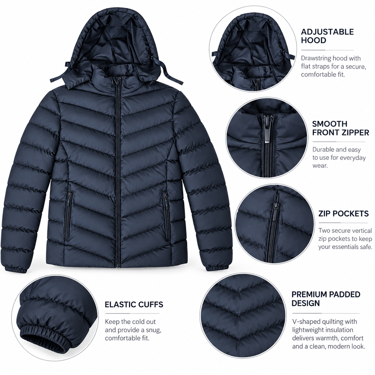 Men's chevron padded jacket hood, zipper, pocket, cuff and quilting details - SunCheer Apparel