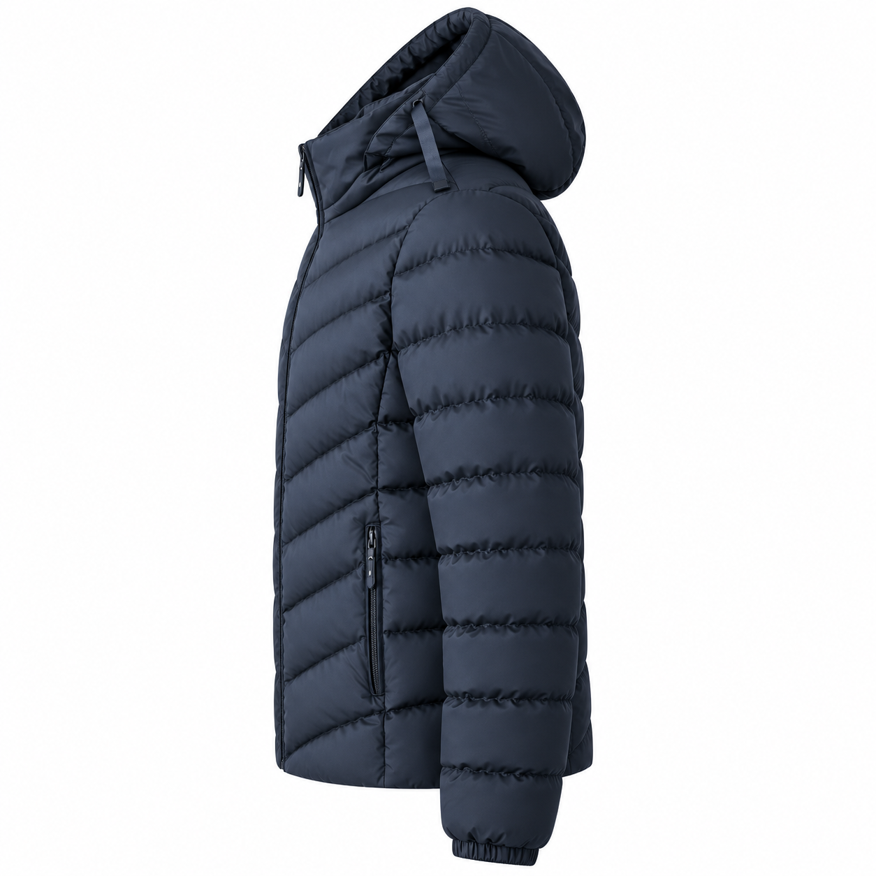 Men's navy V-quilt hooded padded jacket, side view - SunCheer Apparel
