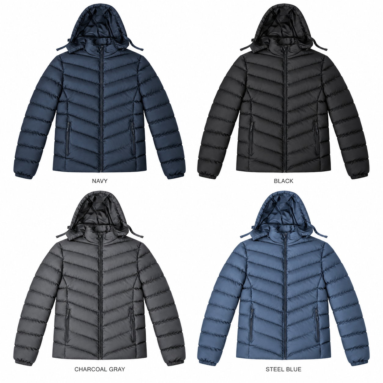 Men's chevron quilted hooded padded jacket color options in navy, black, charcoal gray and steel blue - SunCheer Apparel