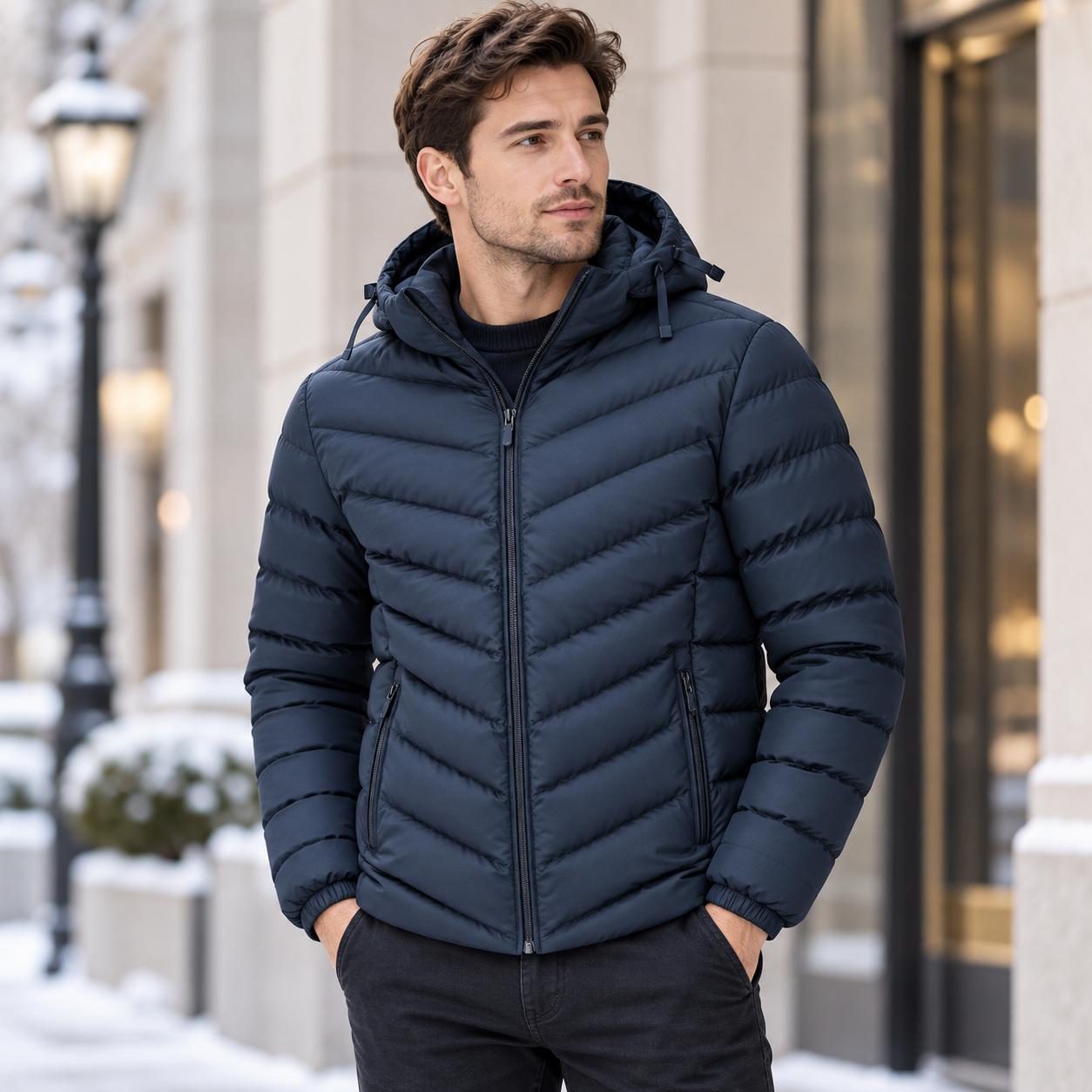 Man wearing a navy chevron quilted hooded padded jacket in winter - SunCheer Apparel
