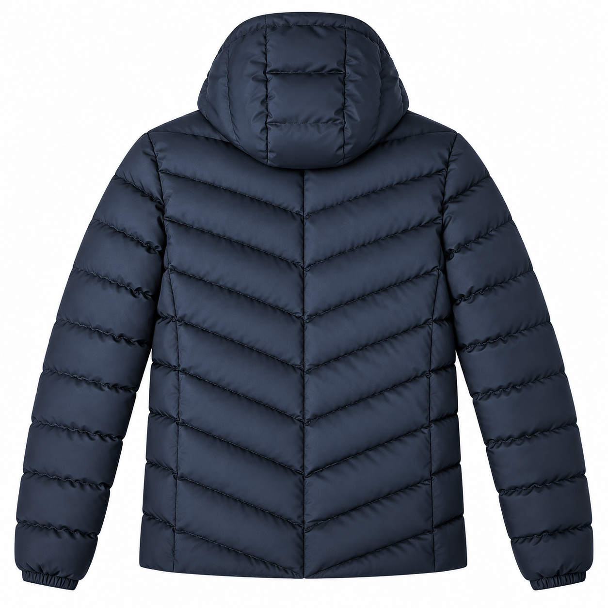 Men's navy chevron quilted padded jacket with hood, back view - SunCheer Apparel