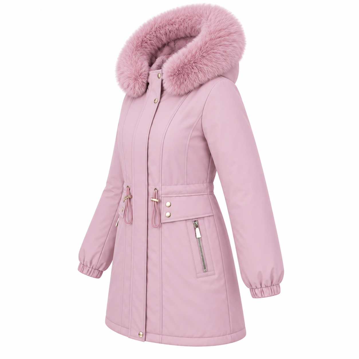 Women’s dusty pink long padded parka with faux fur hood and adjustable waist, side view - SunCheer Apparel