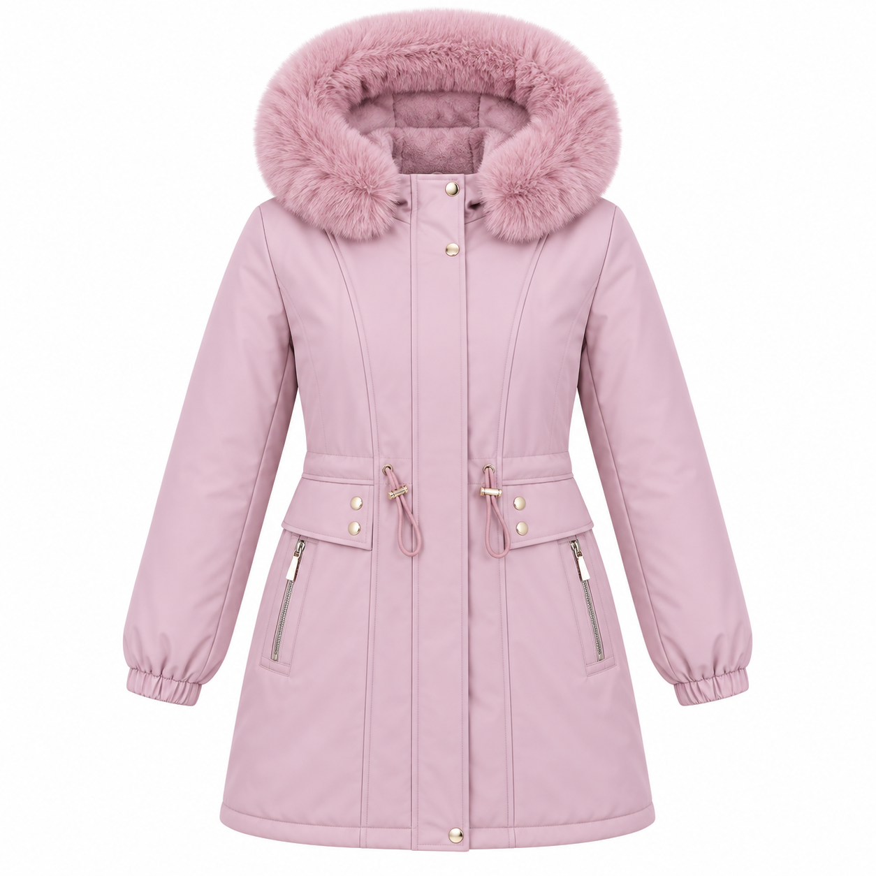 Women’s dusty pink long padded parka with faux fur hood and cinched waist, front view - SunCheer Apparel