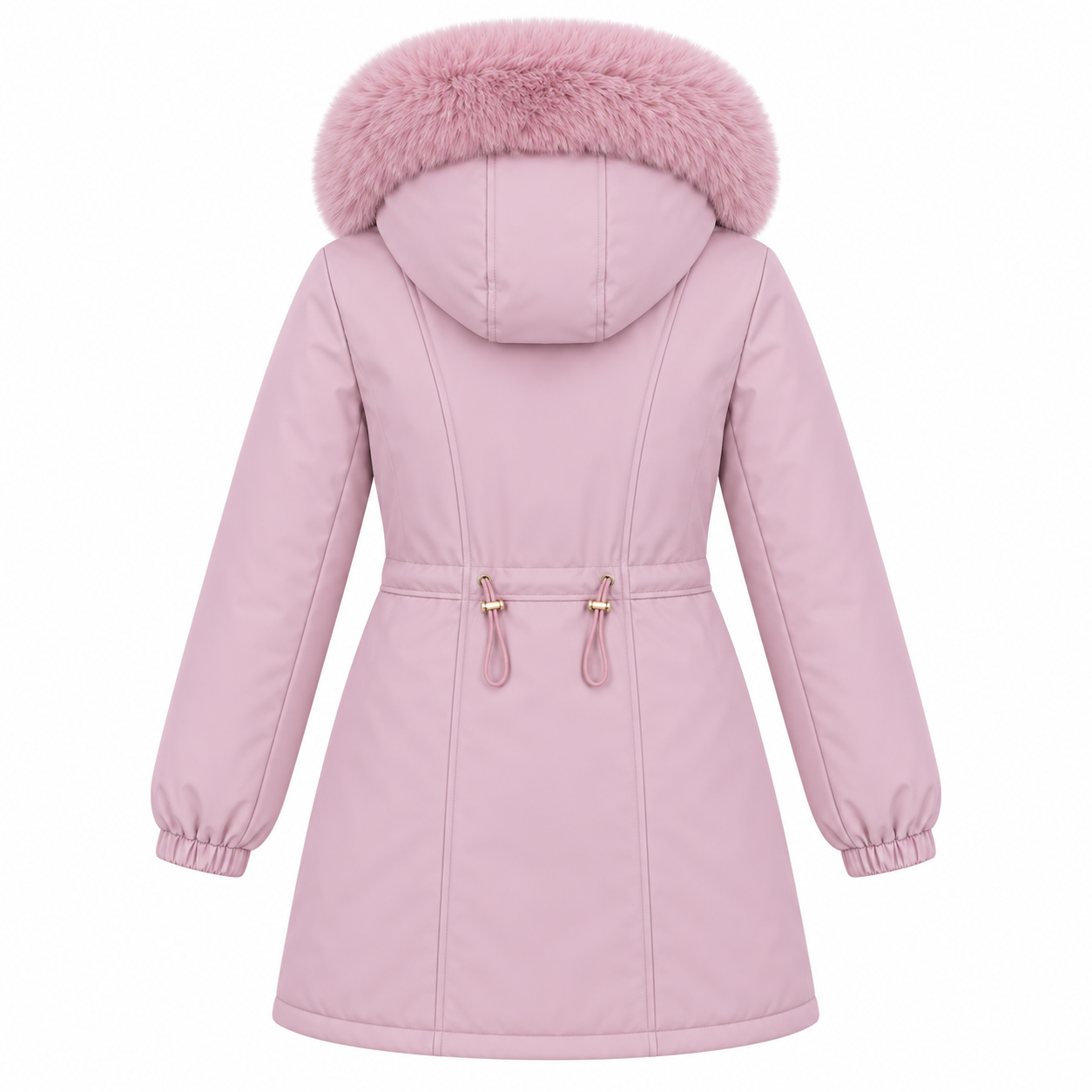 Women’s dusty pink long padded parka with faux fur hood and waist drawcord, back view - SunCheer Apparel