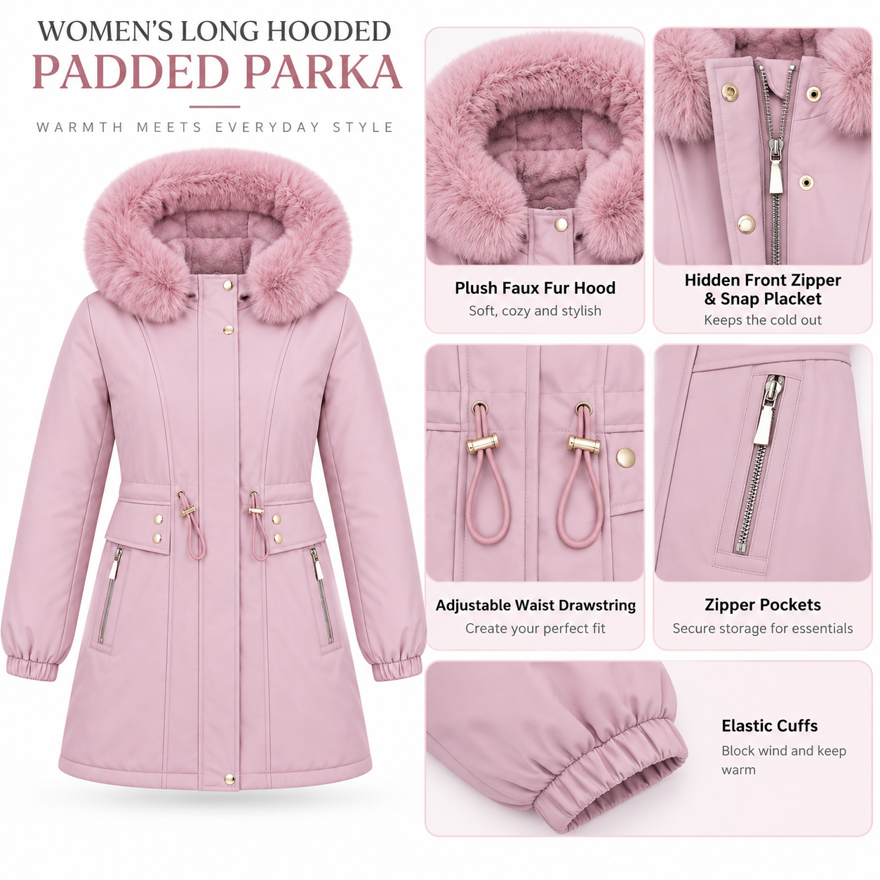 Women’s long padded parka showing faux fur hood, snap placket, drawstring waist, zipper pocket and elastic cuff details - SunCheer Apparel