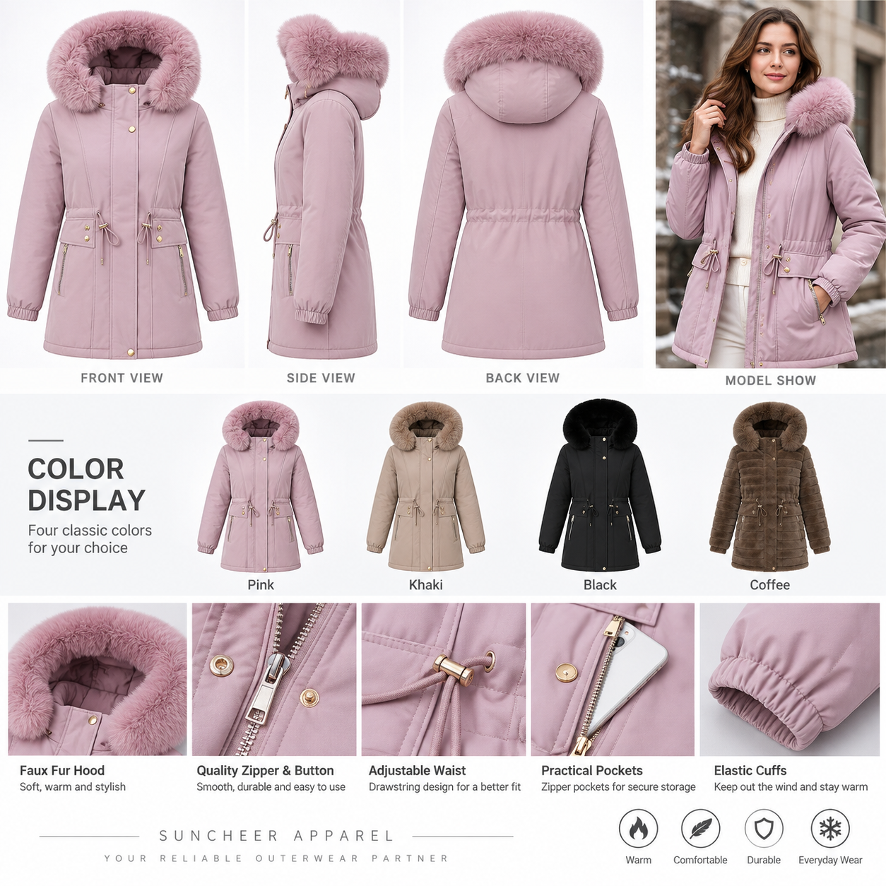 Women's Cinched Waist Faux Fur Hood Long Padded Parka