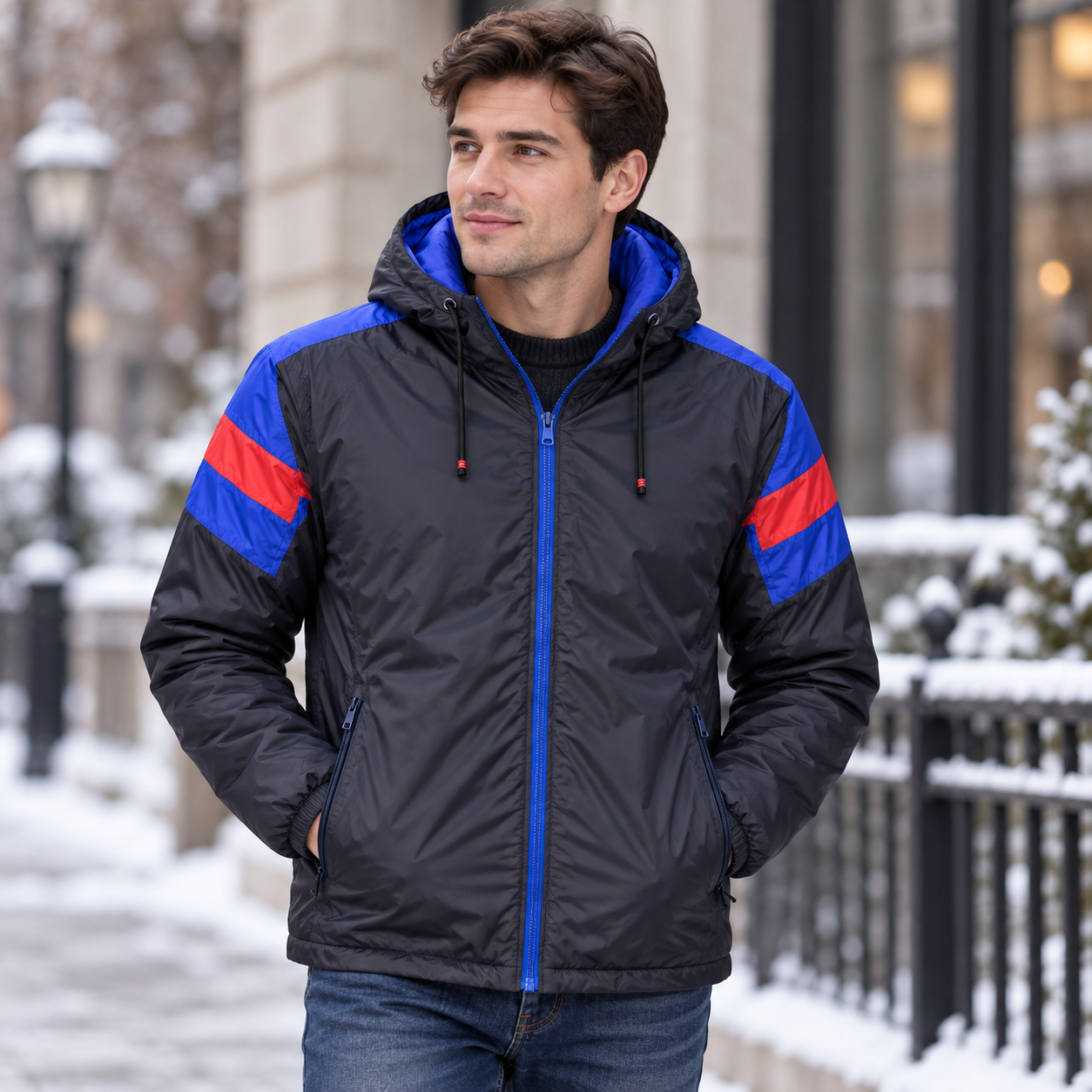 Man wearing a black lightweight hooded padded jacket with blue and red contrast panels - SunCheer Apparel