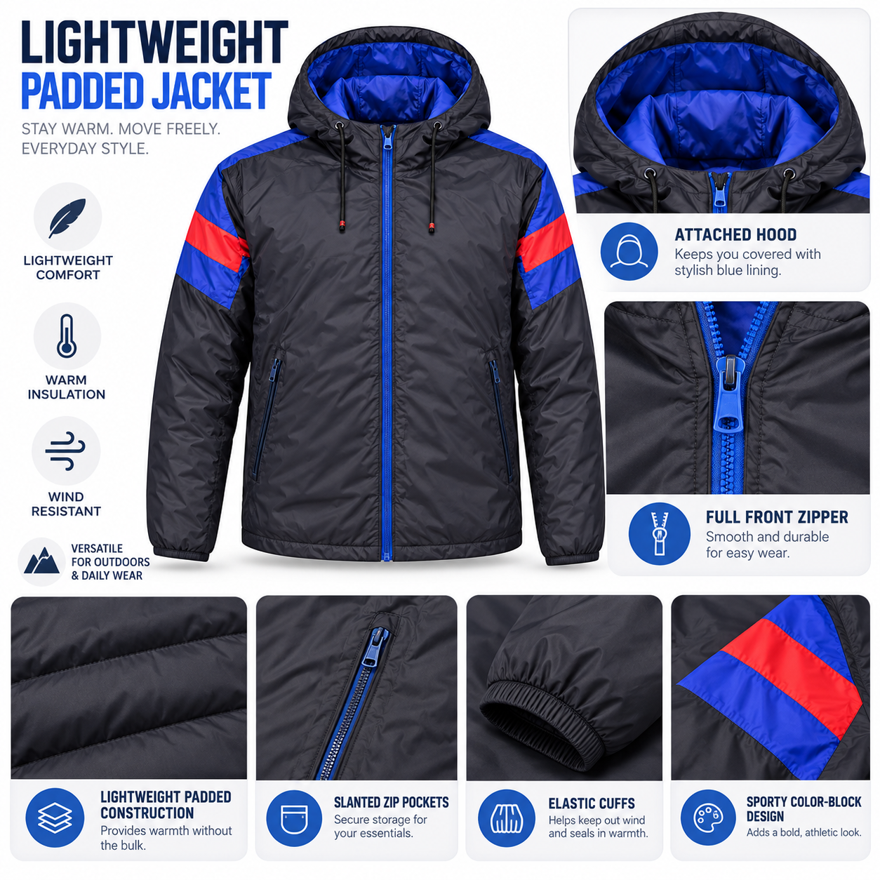 Men's lightweight padded jacket showing hood, zipper, pockets, elastic cuffs and contrast sleeve panels - SunCheer Apparel