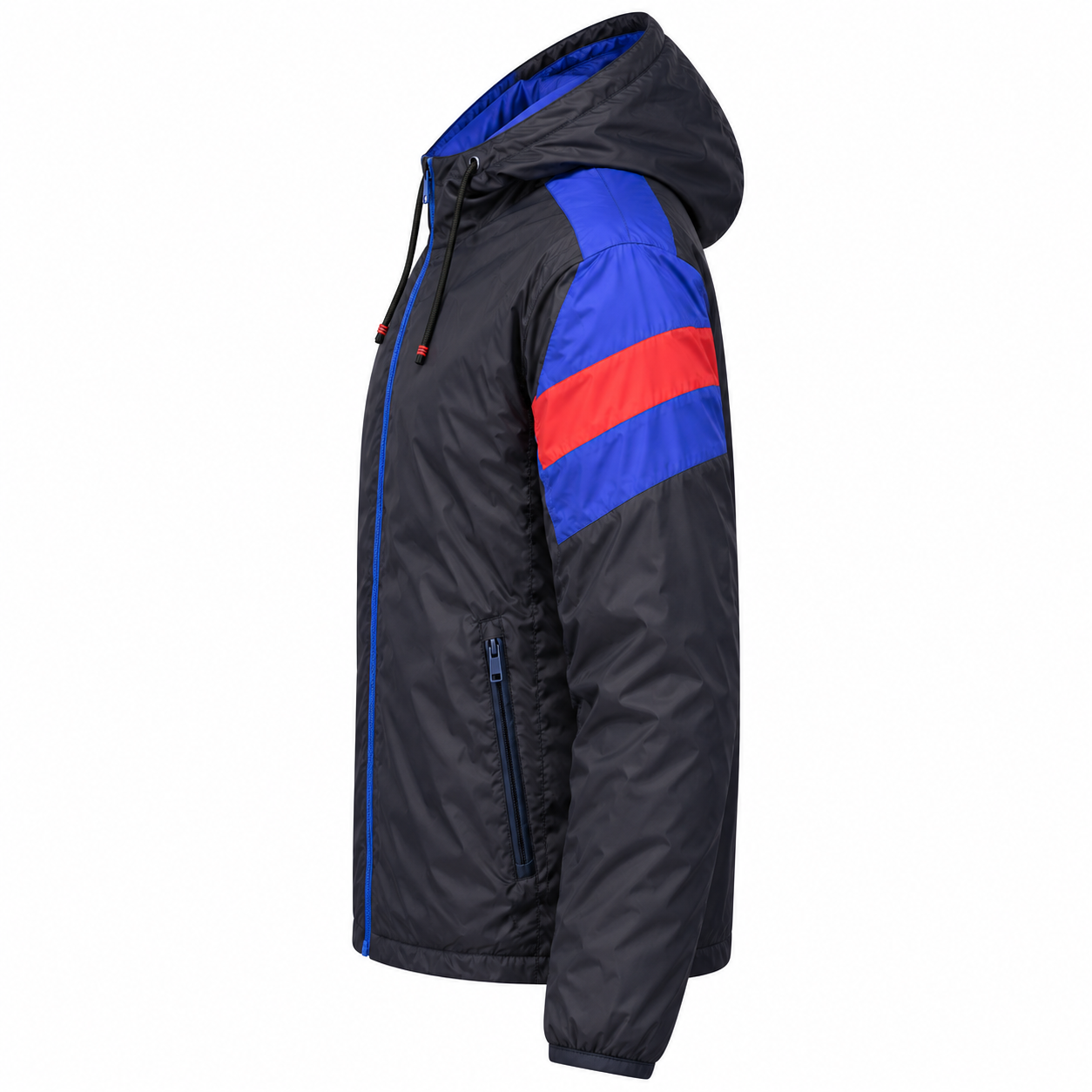 Men's black lightweight hooded padded jacket with blue and red sleeve panels, side view - SunCheer Apparel