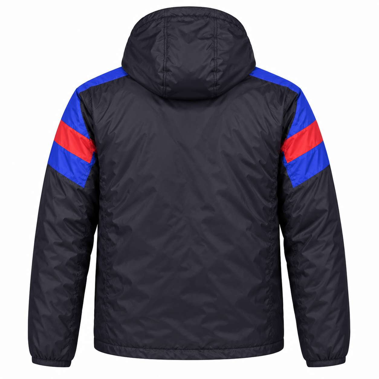 Men's black lightweight padded jacket with blue and red shoulder sleeve accents, back view - SunCheer Apparel