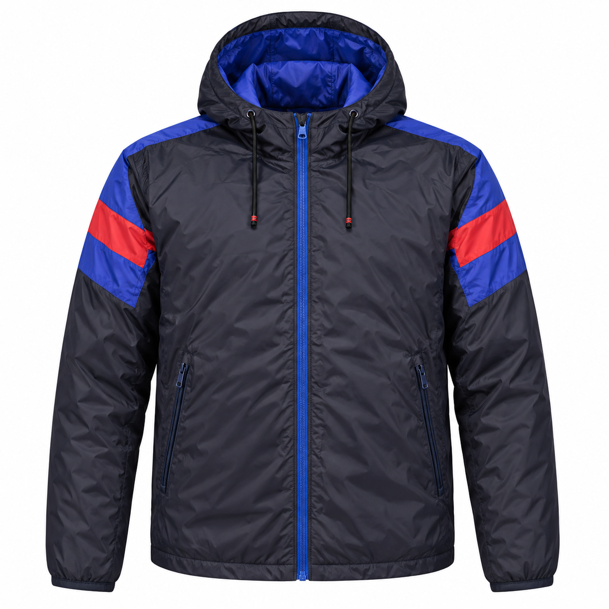 Men's black lightweight padded jacket with blue hood and red sleeve stripe, front view - SunCheer Apparel