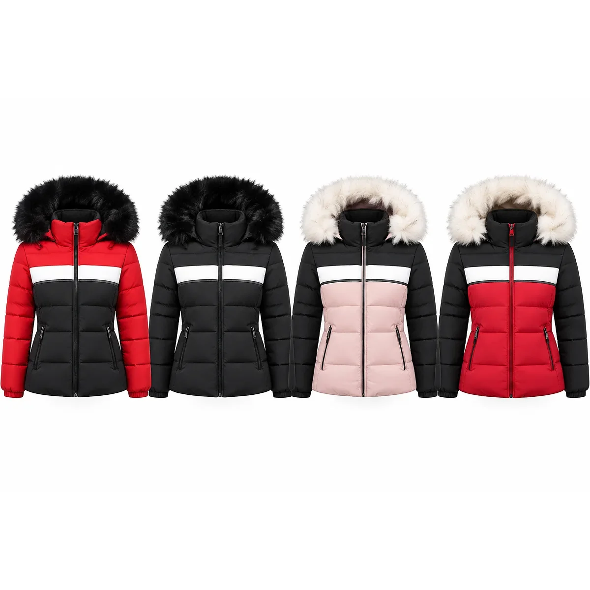 Women's faux fur hooded padded jackets in multiple color options - SunCheer Apparel