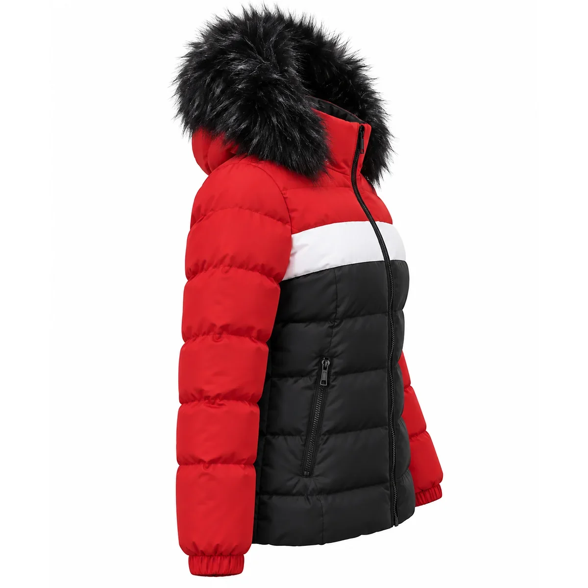 Women's red and black color block padded jacket with faux fur hood, side view - SunCheer Apparel
