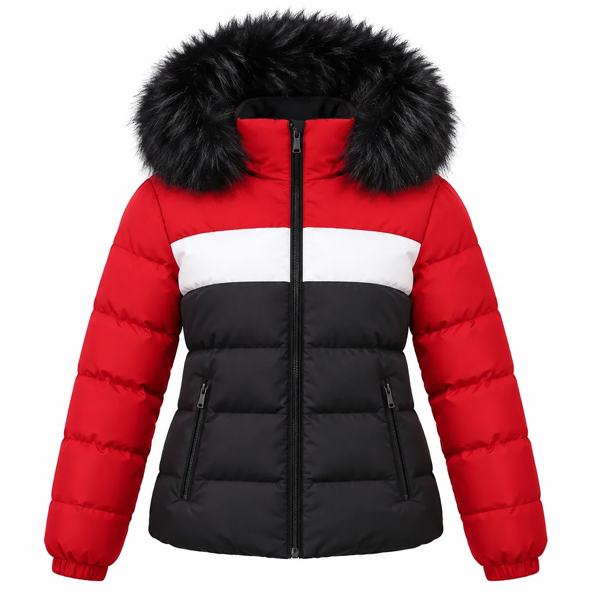 Women's Color Block Faux Fur Hooded Padded Jacket, style XN-04B