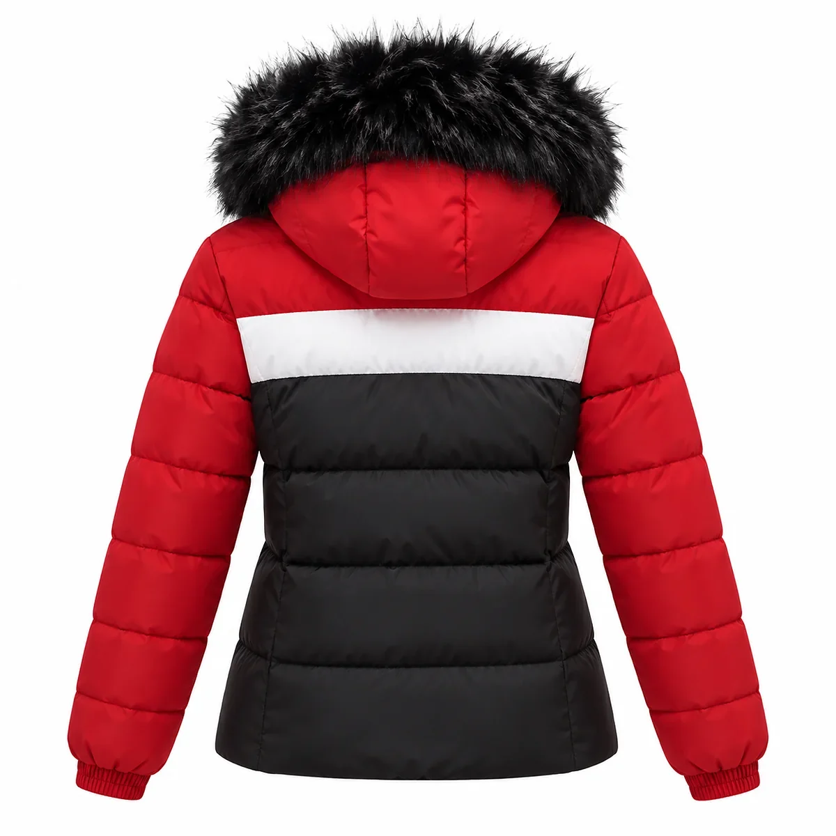 Women's red black and white padded winter jacket, back view - SunCheer Apparel