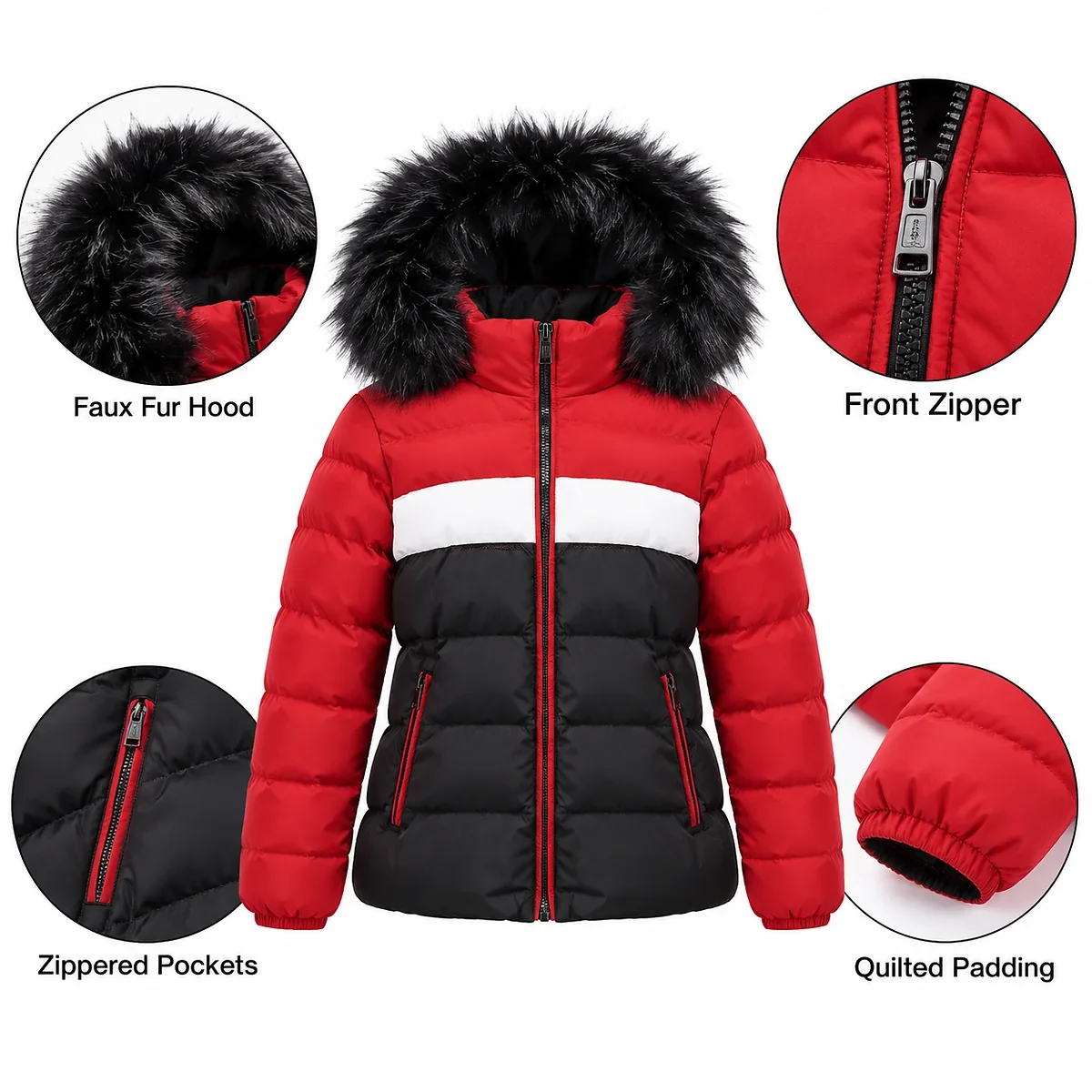 Women's padded jacket with faux fur hood, front zipper and zip pockets - SunCheer Apparel