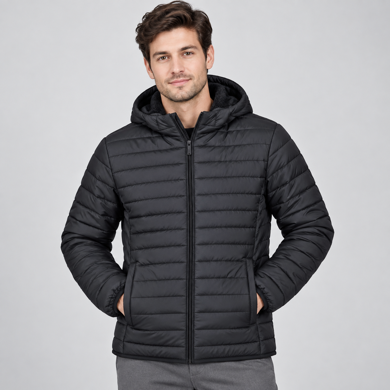 generated model wearing the SunCheer Apparel P799F men’s black hooded jacket