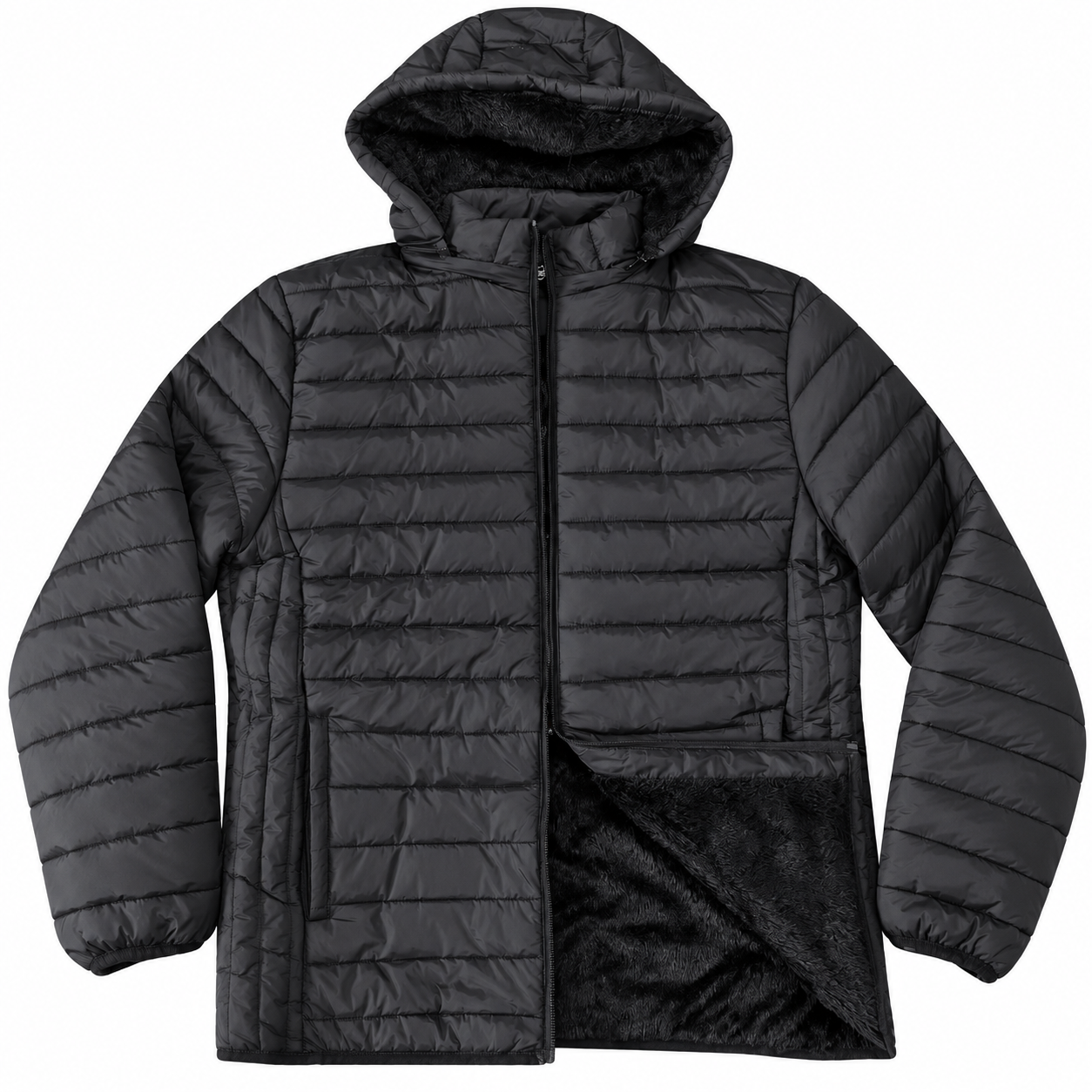 Men’s Black Hooded Padded Jacket with Plush Lining