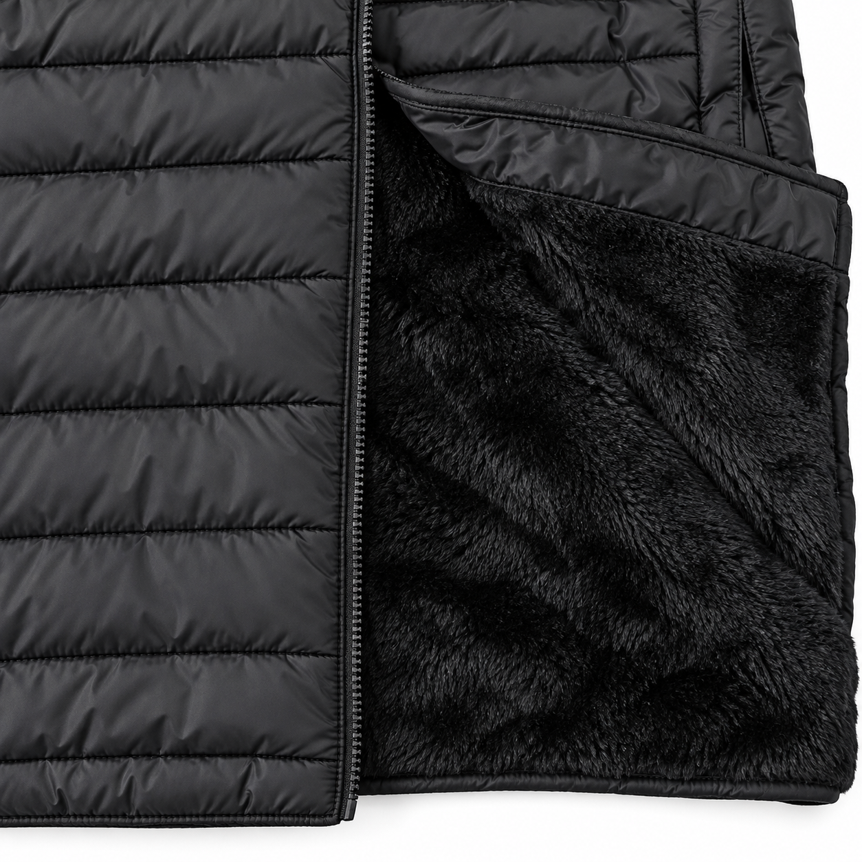 SunCheer Apparel P799F men’s black padded jacket, close-up of plush lining, zipper and quilting