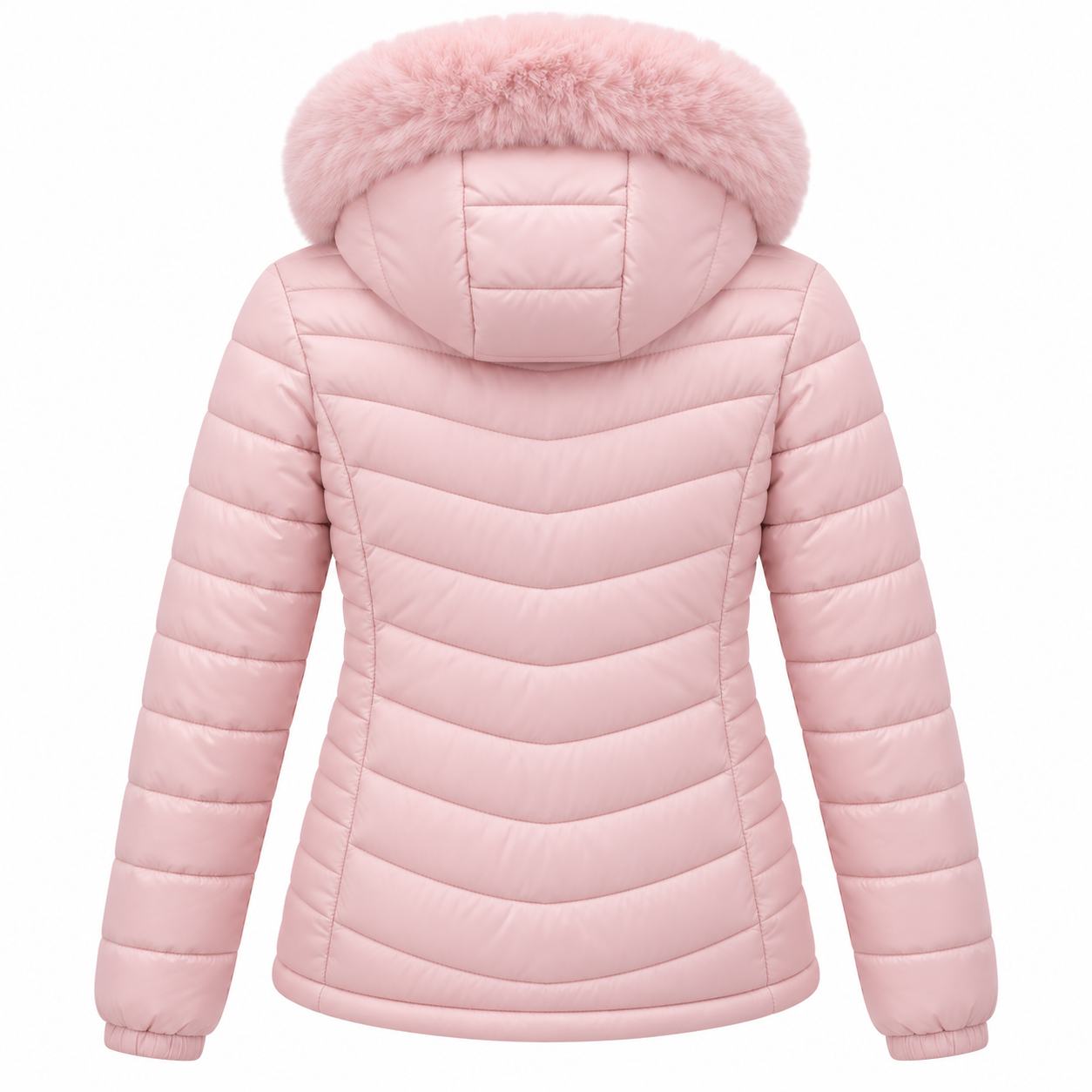 Women's blush pink curved-quilt padded jacket with faux fur hood, back view - SunCheer Apparel