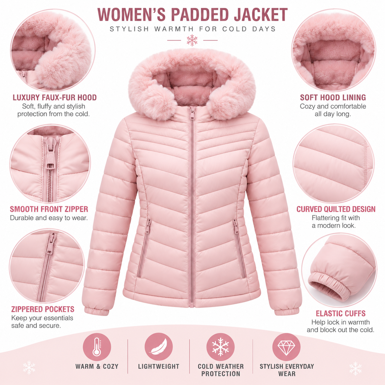 Women's blush pink padded jacket showing faux fur hood, zipper, pocket, cuff and quilting details - SunCheer Apparel