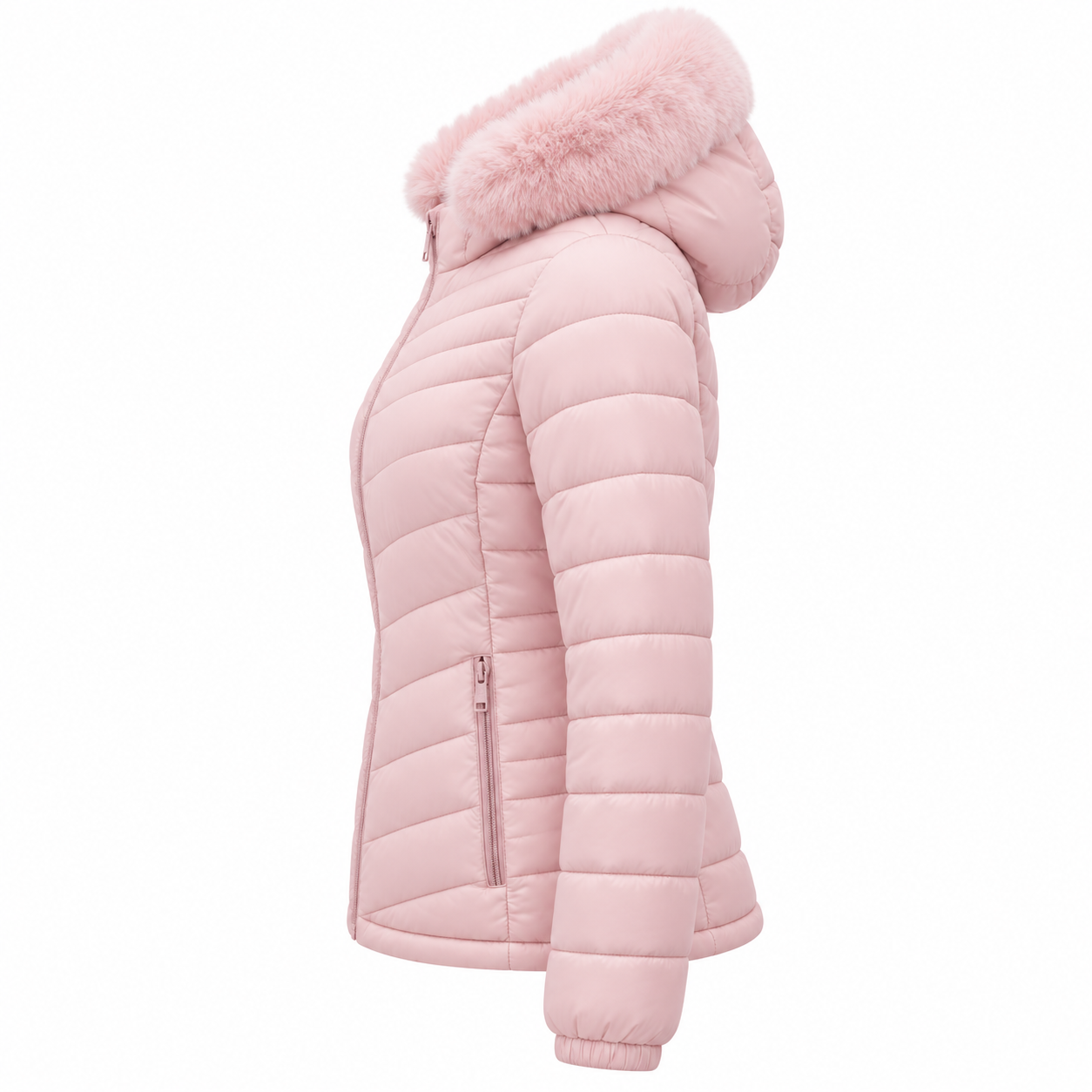 Women's blush pink arc-quilt padded jacket with faux fur hood, side view - SunCheer Apparel