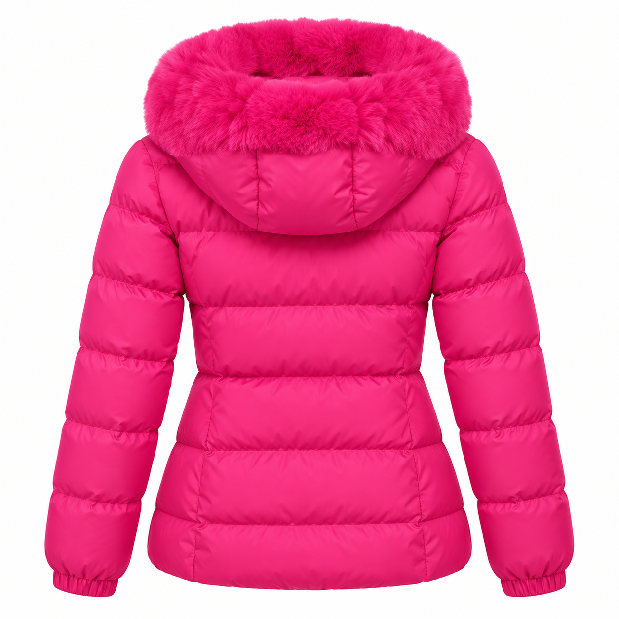 Women's hot pink faux fur hooded padded jacket, back view - SunCheer Apparel