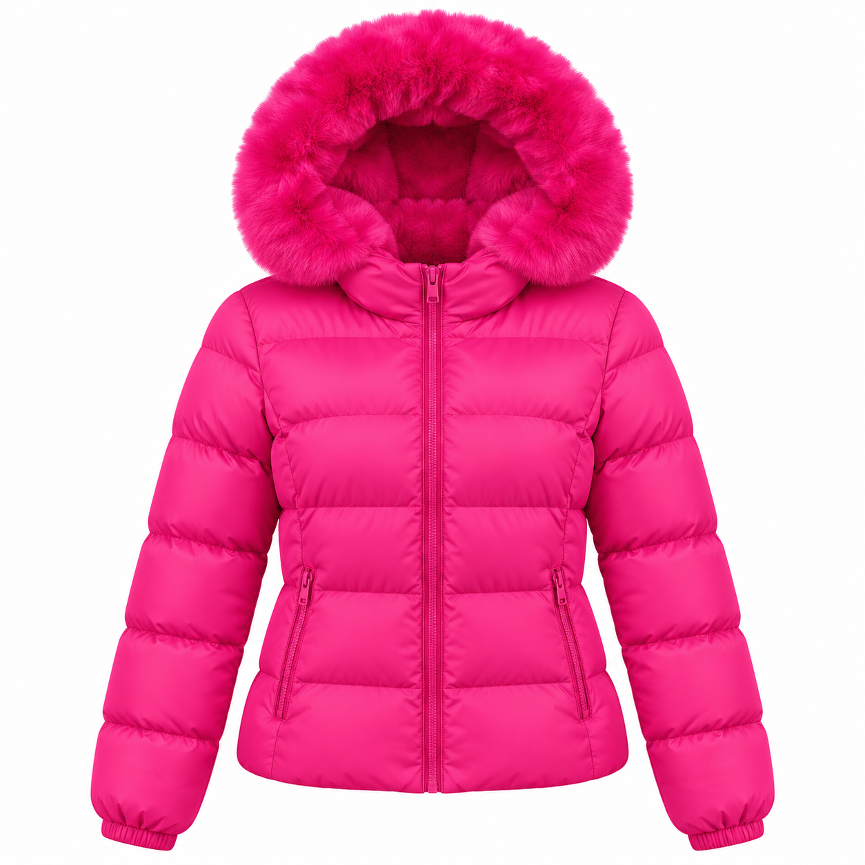Women's hot pink faux fur hooded padded jacket, front view - SunCheer Apparel