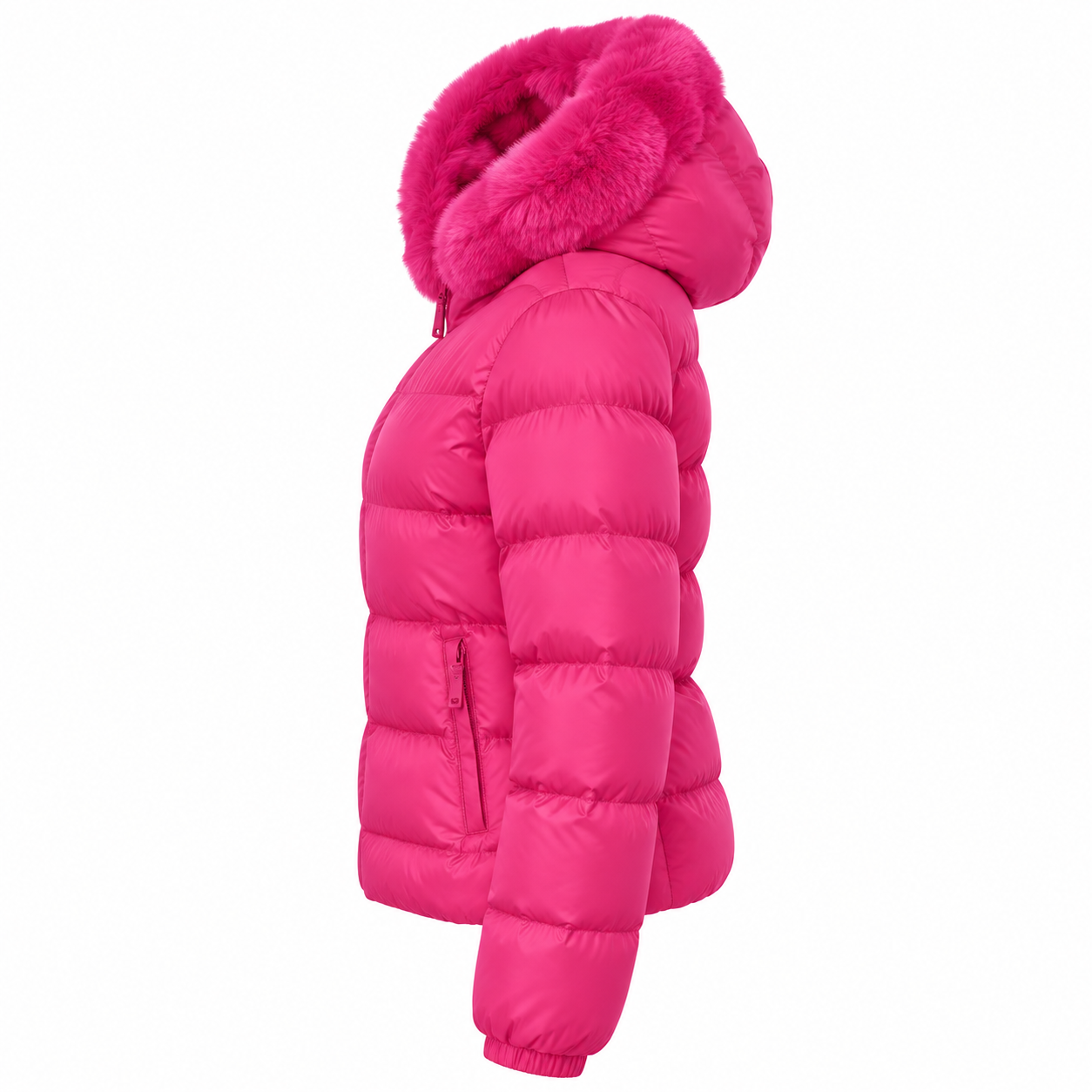 Women's hot pink faux fur hooded padded jacket, side view - SunCheer Apparel