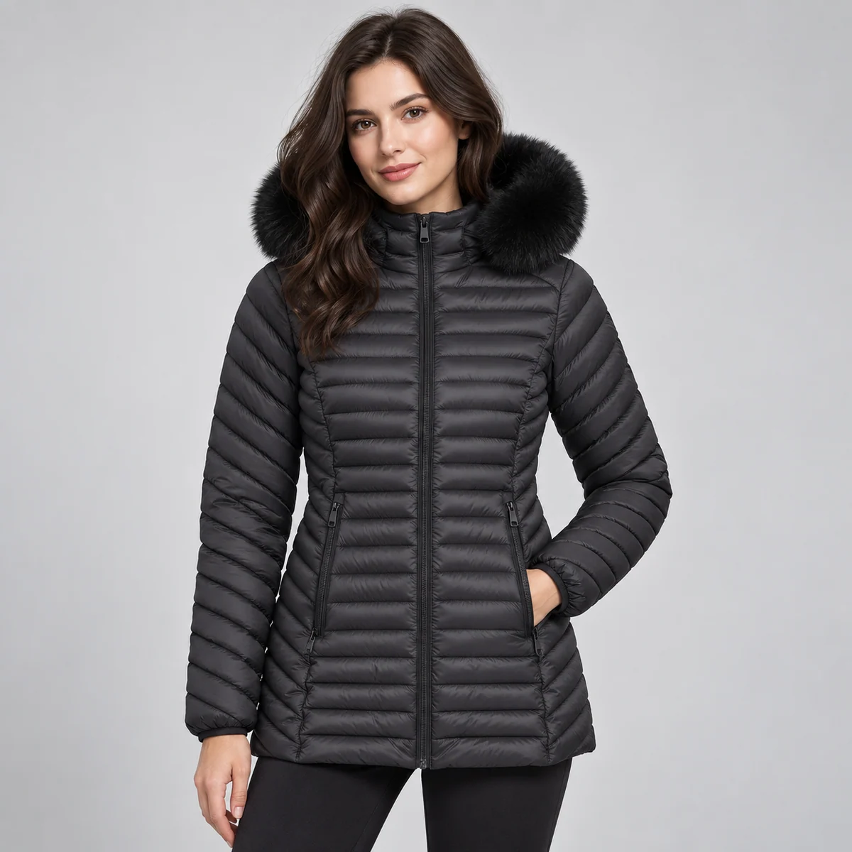 Women's Faux Fur Hooded Slim-Fit Quilted Padded Jacket