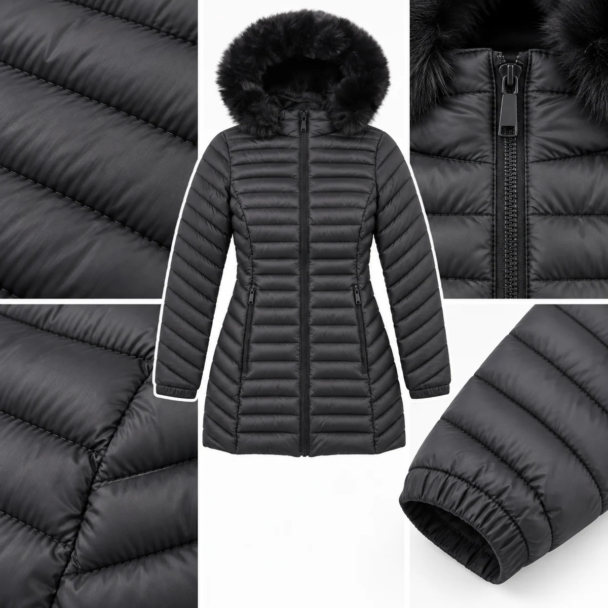 Women's Faux Fur Hooded Slim-Fit Quilted Padded Jacket
