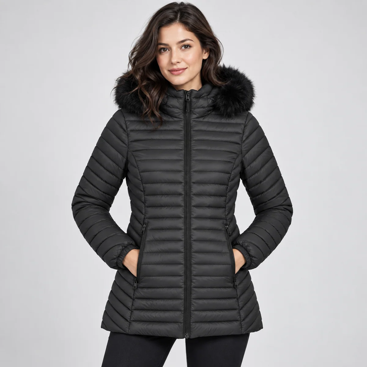 Women's Longline Faux Fur Hooded Quilted Padded Jacket