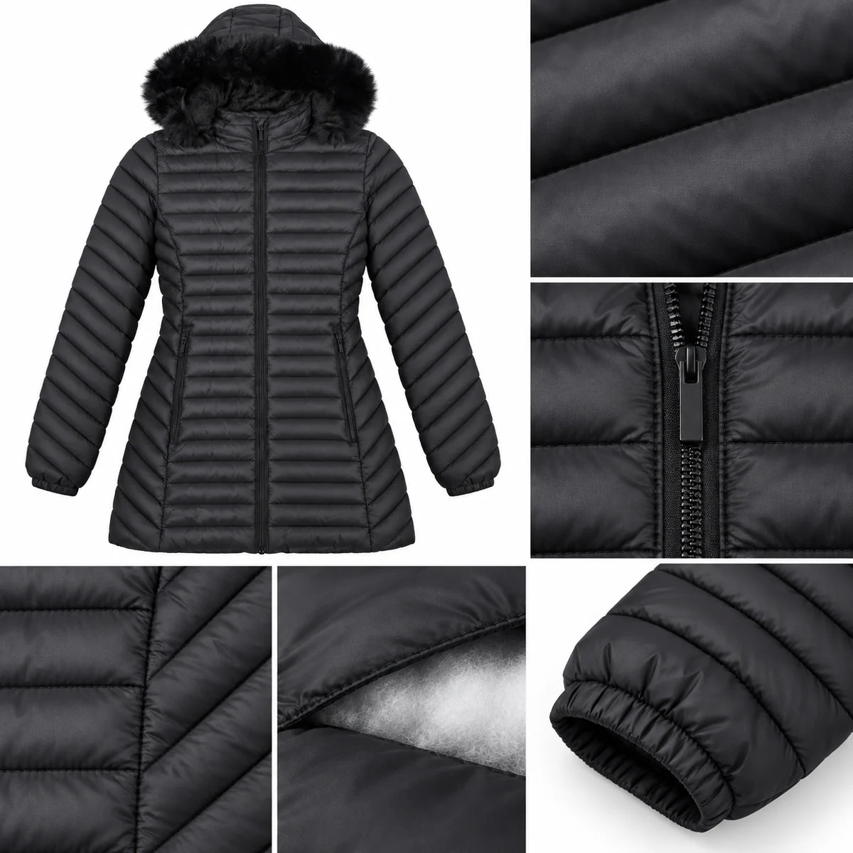 Women's Longline Faux Fur Hooded Quilted Padded Jacket