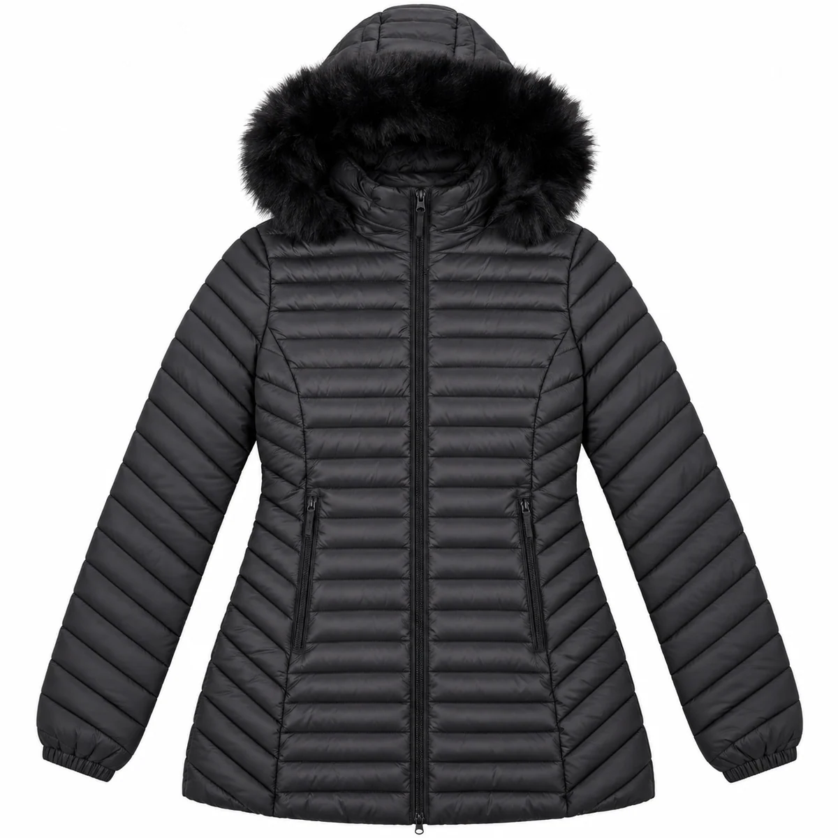 Women's Longline Faux Fur Hooded Quilted Padded Jacket, style 8869B