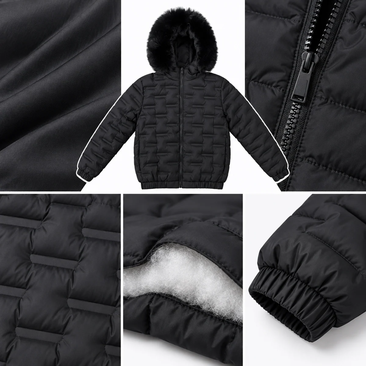 Men's Faux Fur Hooded Patterned Quilted Padded Jacket