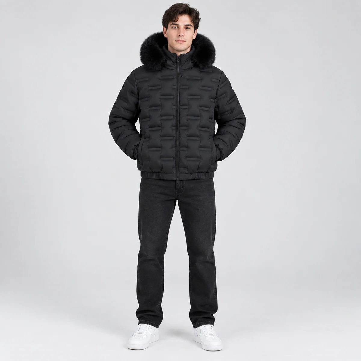 Men's Faux Fur Hooded Patterned Quilted Padded Jacket