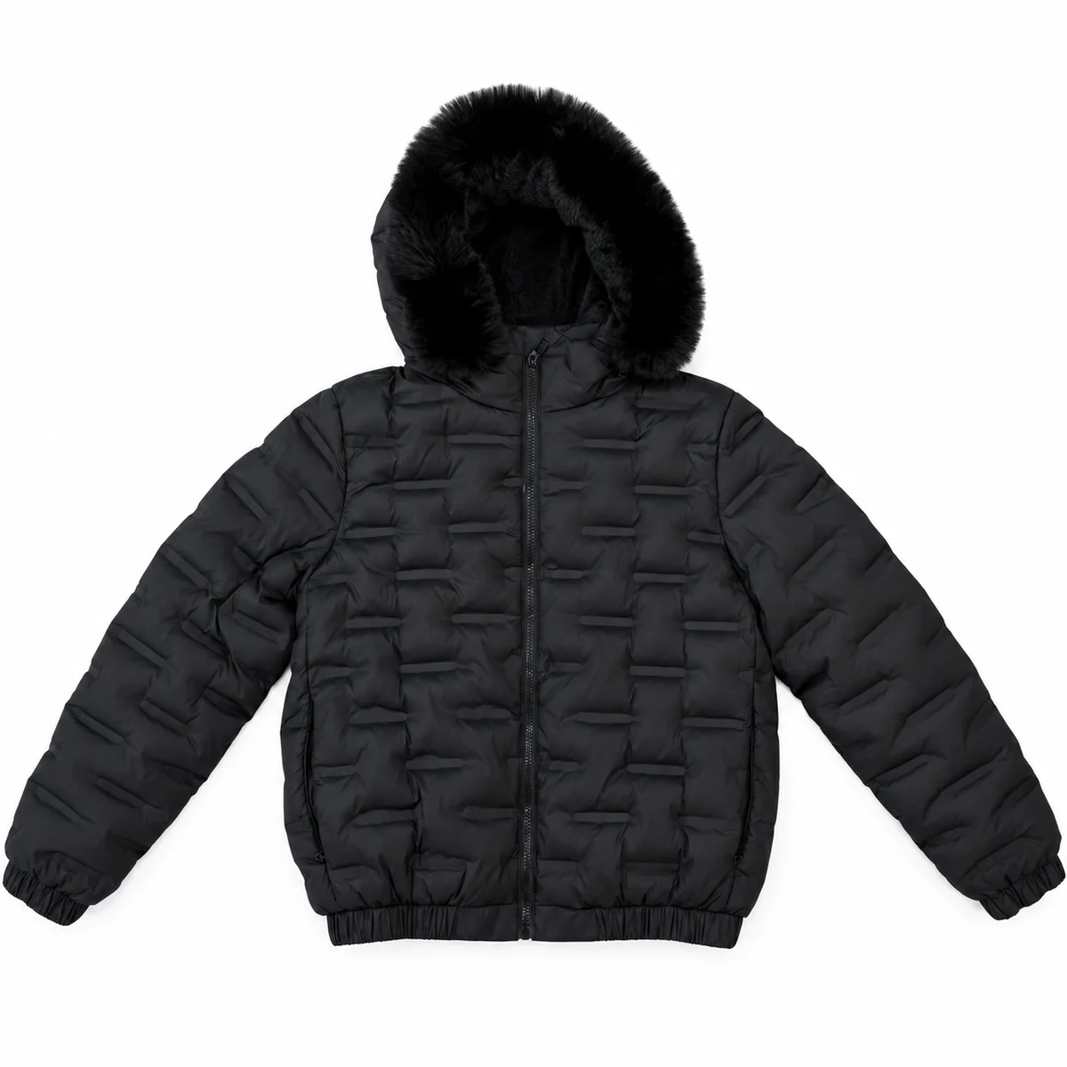 Men's Faux Fur Hooded Patterned Quilted Padded Jacket