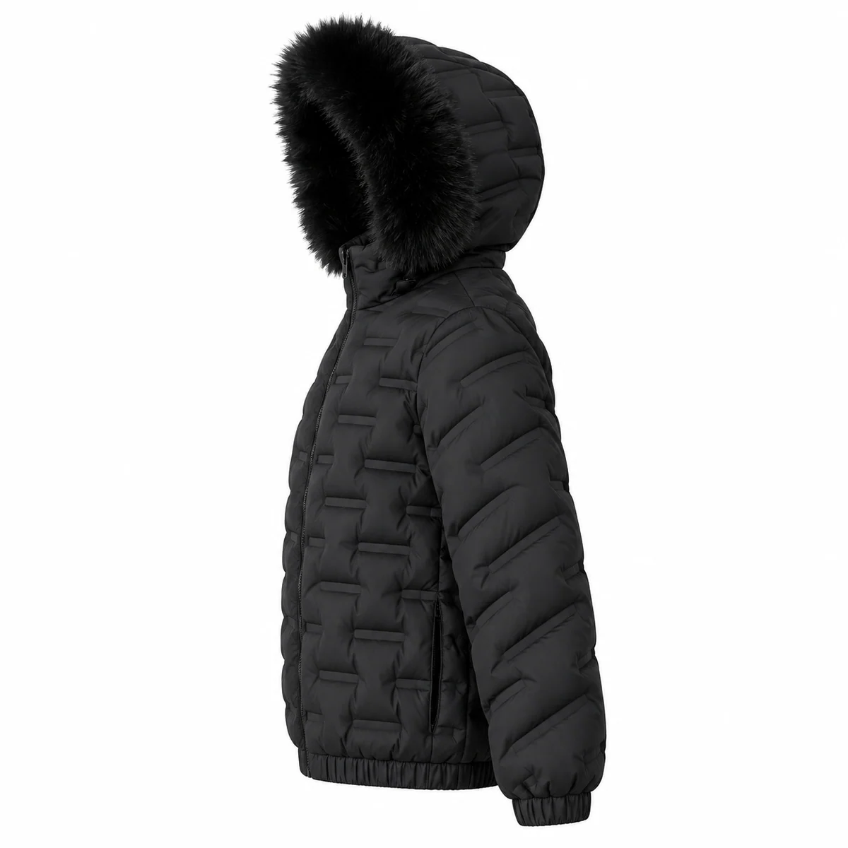 Men's Faux Fur Hooded Patterned Quilted Padded Jacket