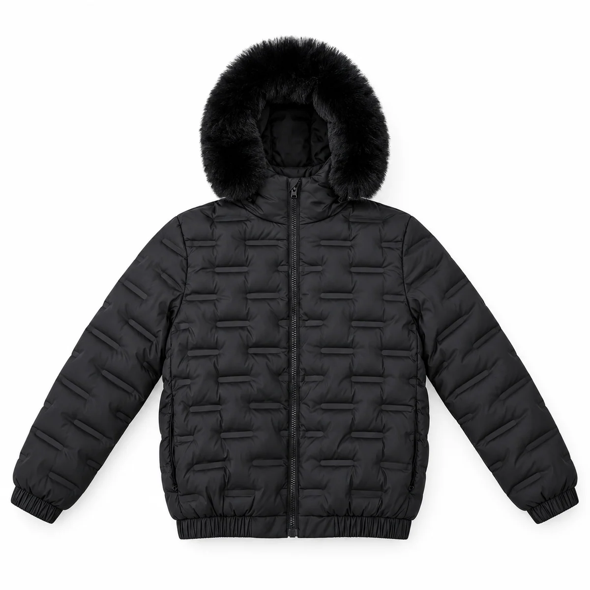 Men's Faux Fur Hooded Patterned Quilted Padded Jacket, style 2602