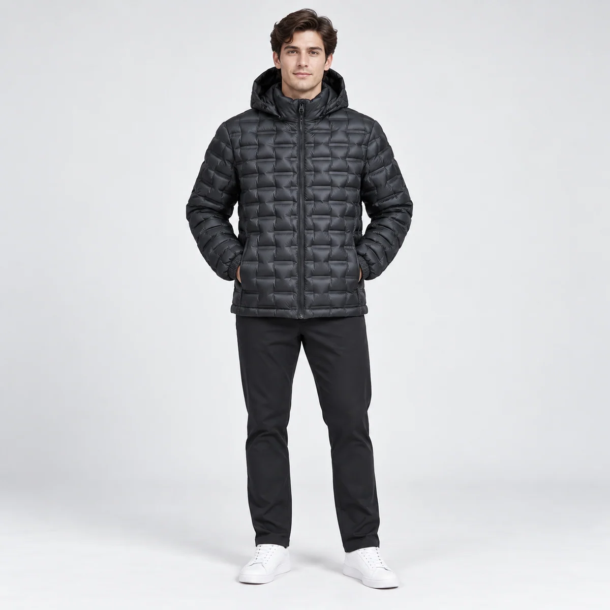 Men's Hooded Patterned Quilted Padded Jacket