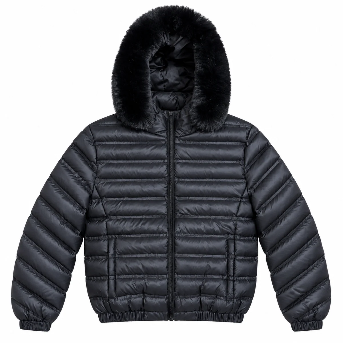 Men's Faux Fur Hooded Horizontal Quilted Padded Jacket, style 2605L
