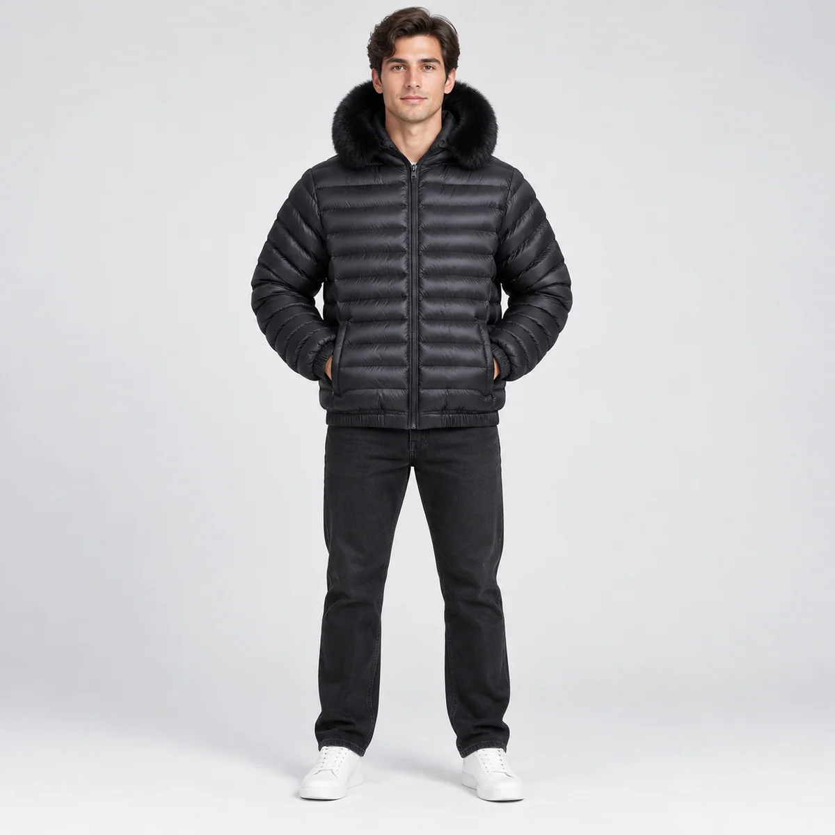 Men's Faux Fur Hooded Horizontal Quilted Padded Jacket