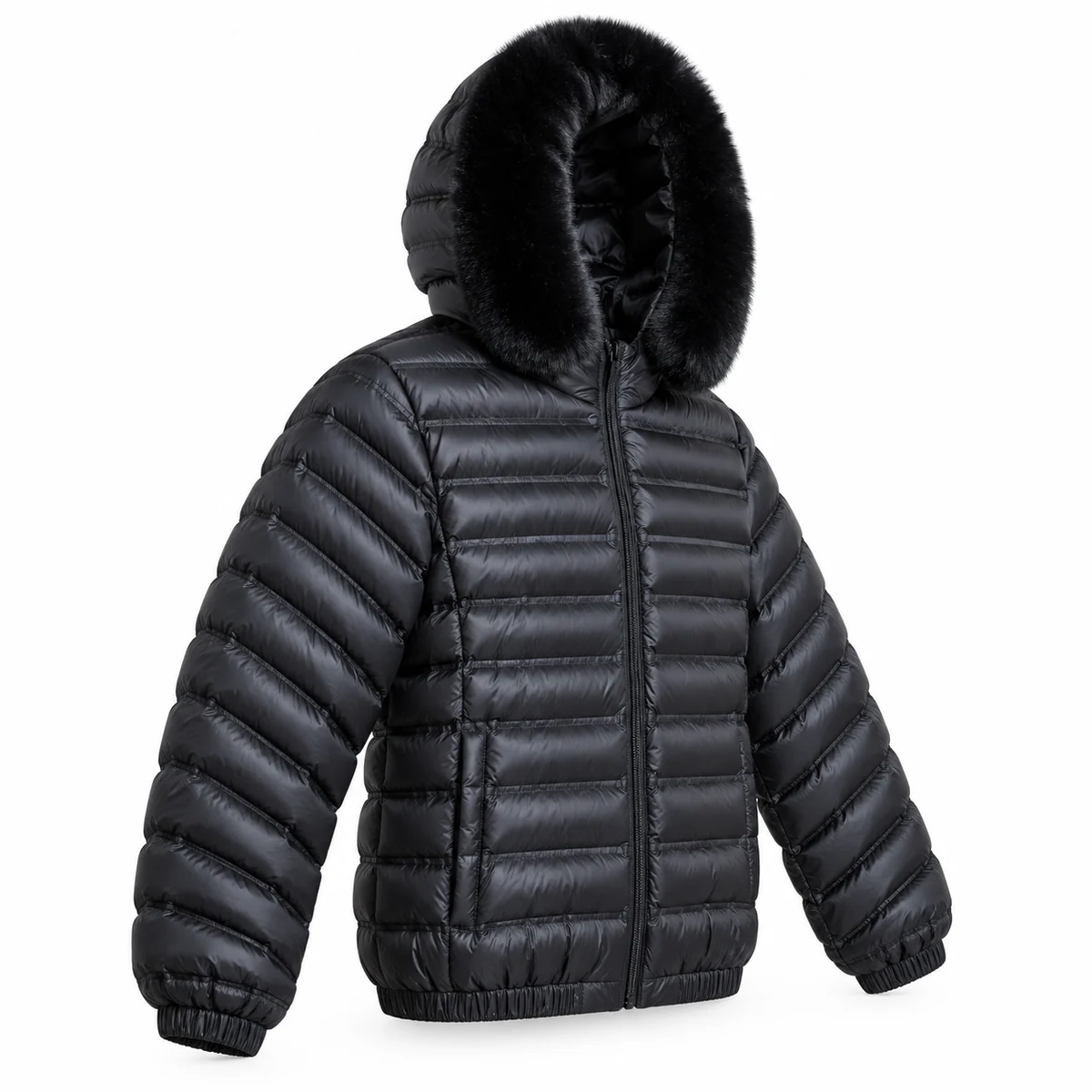Men's Faux Fur Hooded Horizontal Quilted Padded Jacket