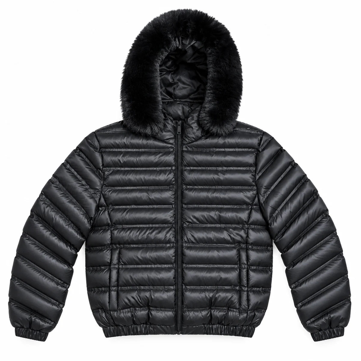 Men's Faux Fur Hooded Horizontal Quilted Padded Jacket