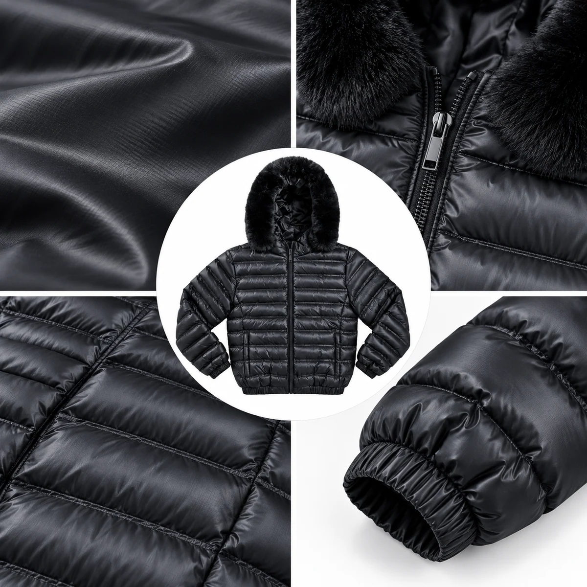 Men's Faux Fur Hooded Horizontal Quilted Padded Jacket