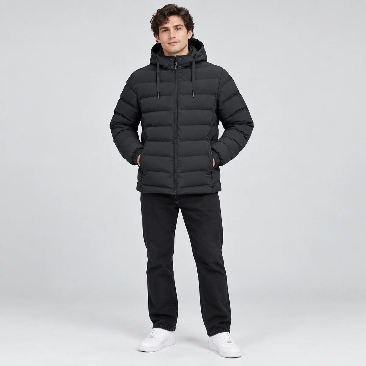 Men's Hooded Horizontal Baffle Padded Jacket