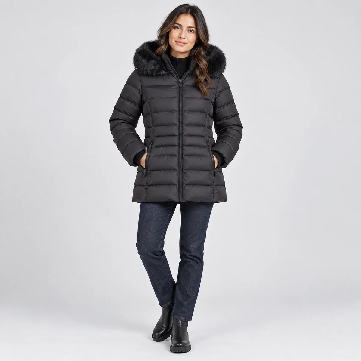 Women's Faux Fur Hooded Padded Jacket - 665